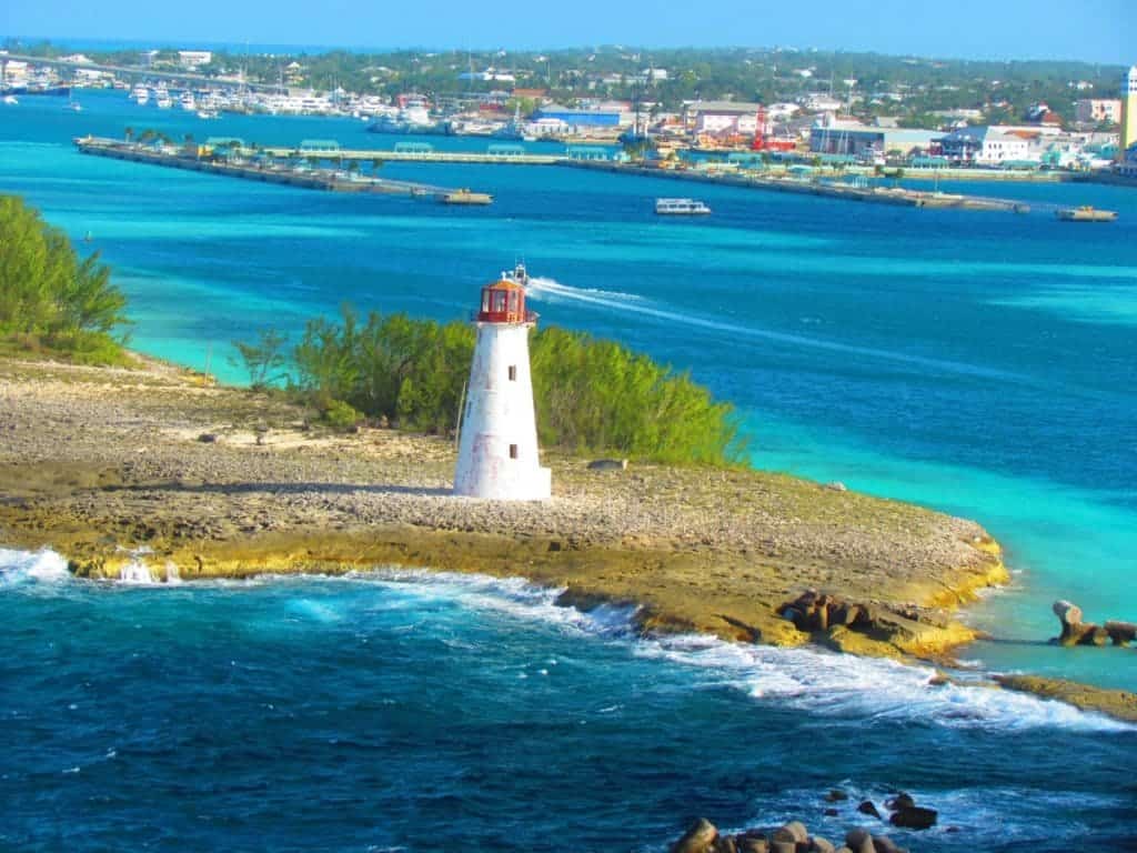 The familiar lighthouse signals the approach to Nassau, Bahamas. 