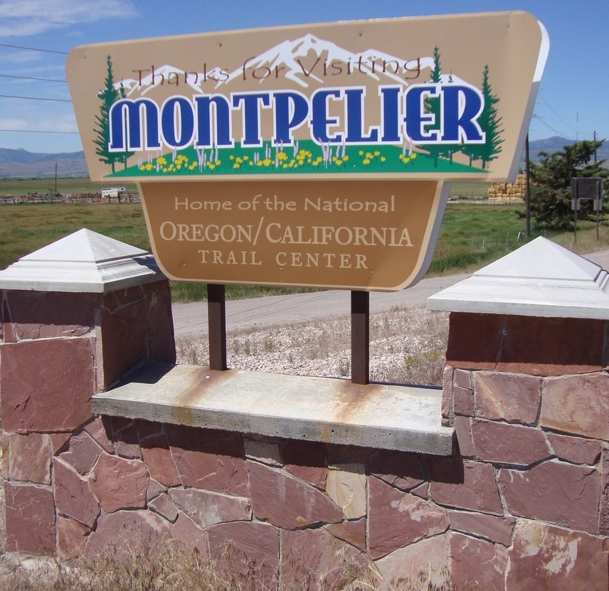 The sign identifies the city of Montpelier, Idaho, which is the home of the National Oregon California Trail Center.