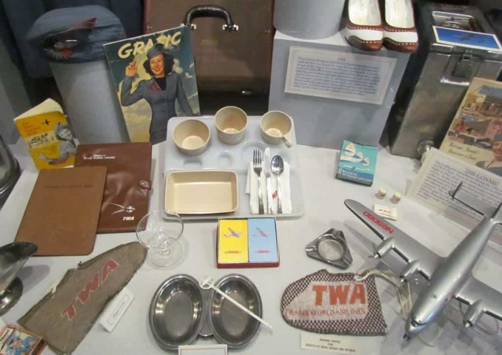 A display shows the items that would have been used during flights in the 1940s.