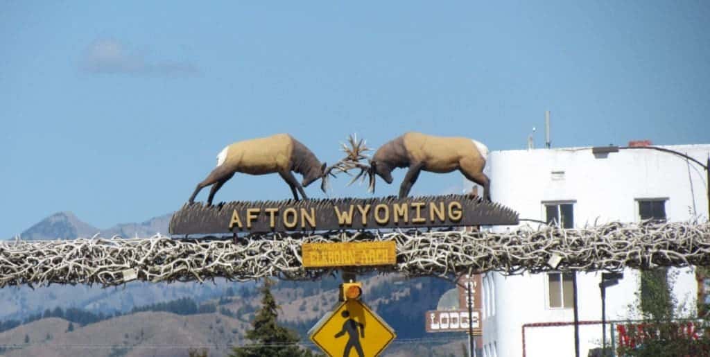 A pair of fighting elk bucks sit atop a row oof intertwined elk antlers to form a decorative arch in Afton, Wyoming. 