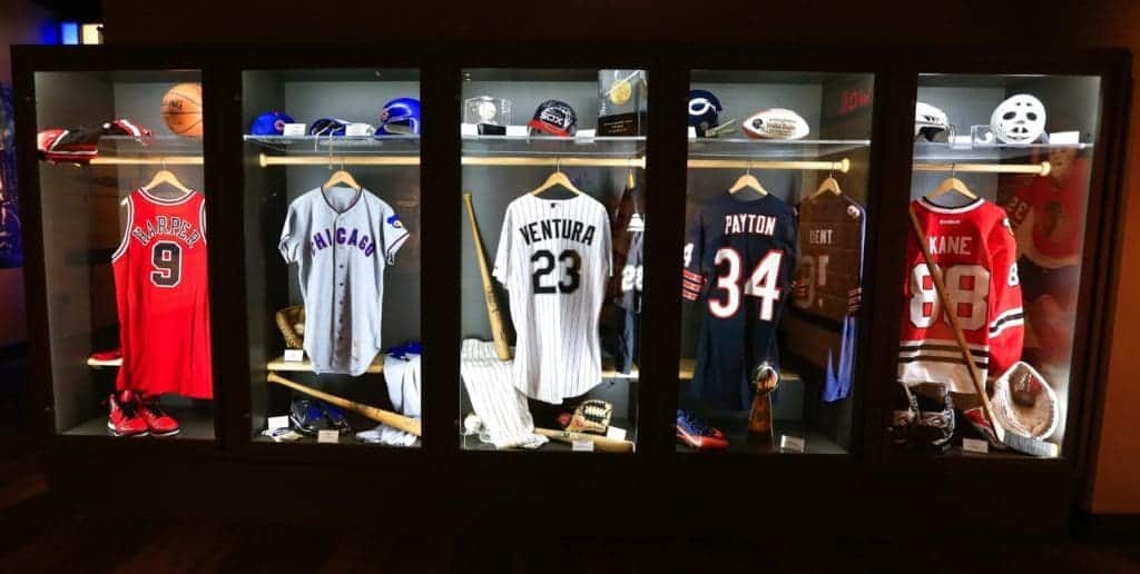 Various uniforms from Chicago sports teams.
