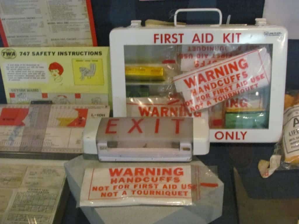 Assorted first aid items used on airplanes.