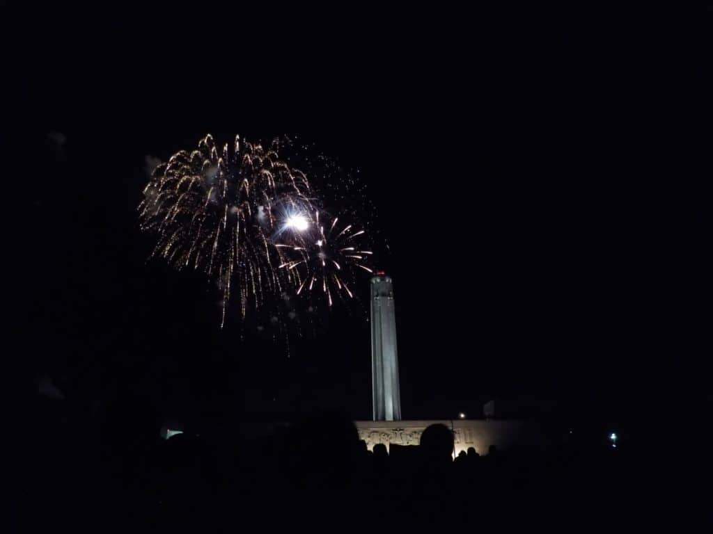 Fireworks behind the Liberty Memorial.