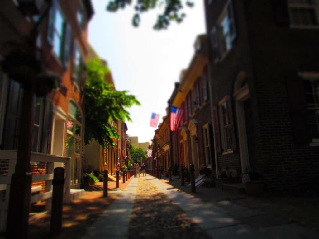 View down Elfreth's Alley in Philadelphia.