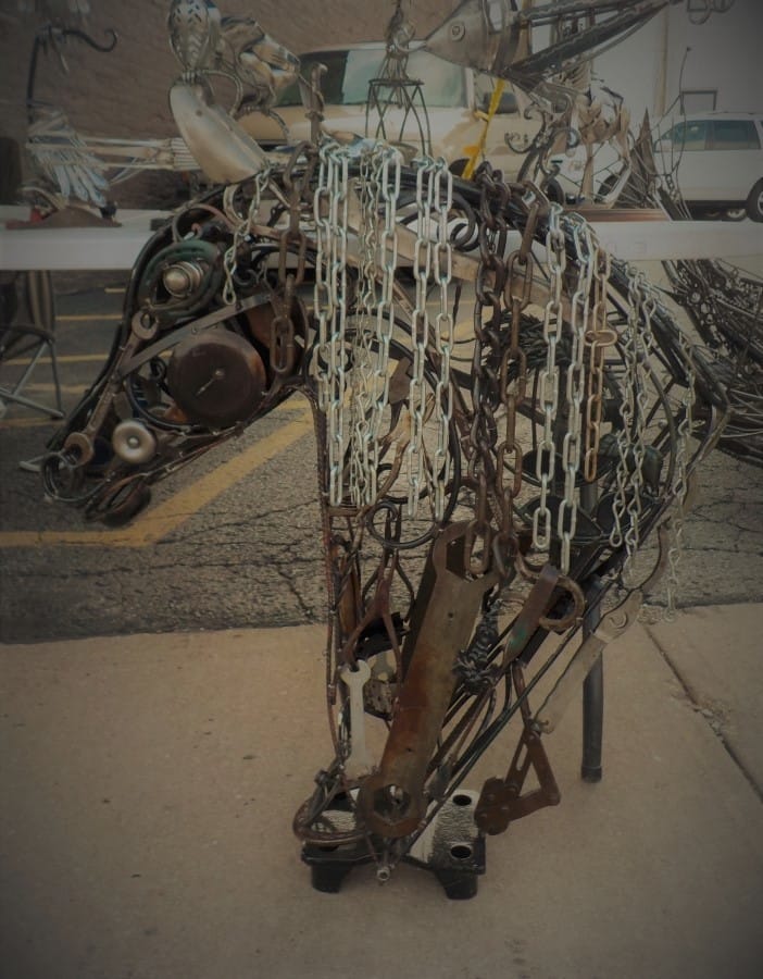 Horse sculpture made from recycled materials.