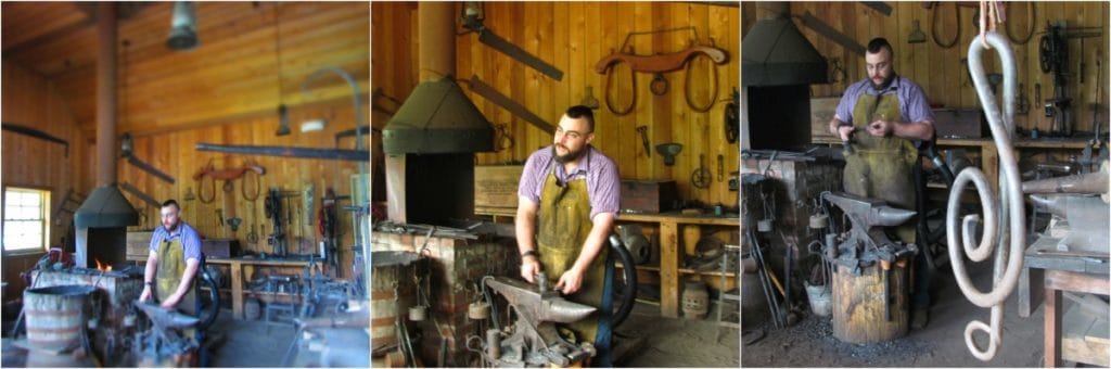 Blacksmith working in shop.