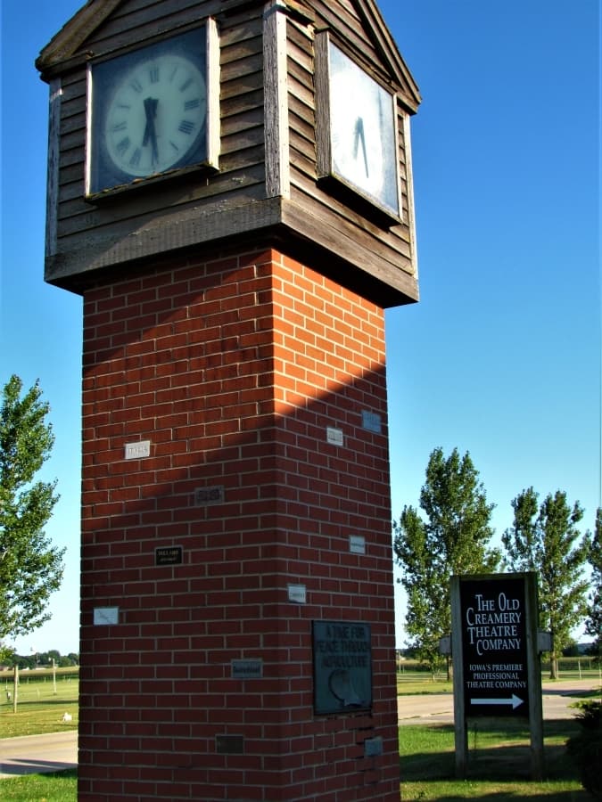 Clock tower in front of the Old Creamery Theater.
