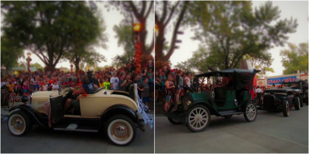A few of the vehicles that are used during the Halloween Haunt parade.