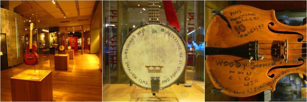 A series of pictures show the musical instruments once owned by Woody Guthrie, and hand decorated by the artist.