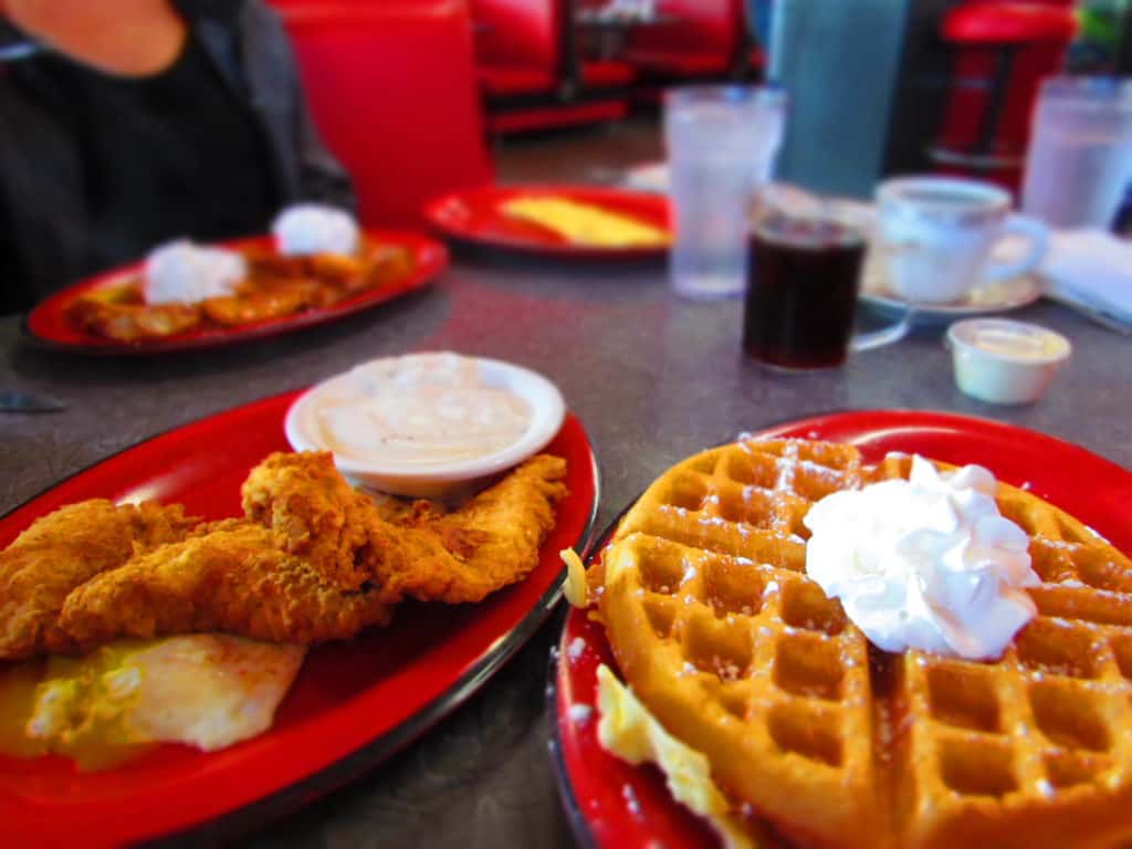 Waffles and Fried Chicken are one of the most popular breakfast menu items at Tally's cafe.