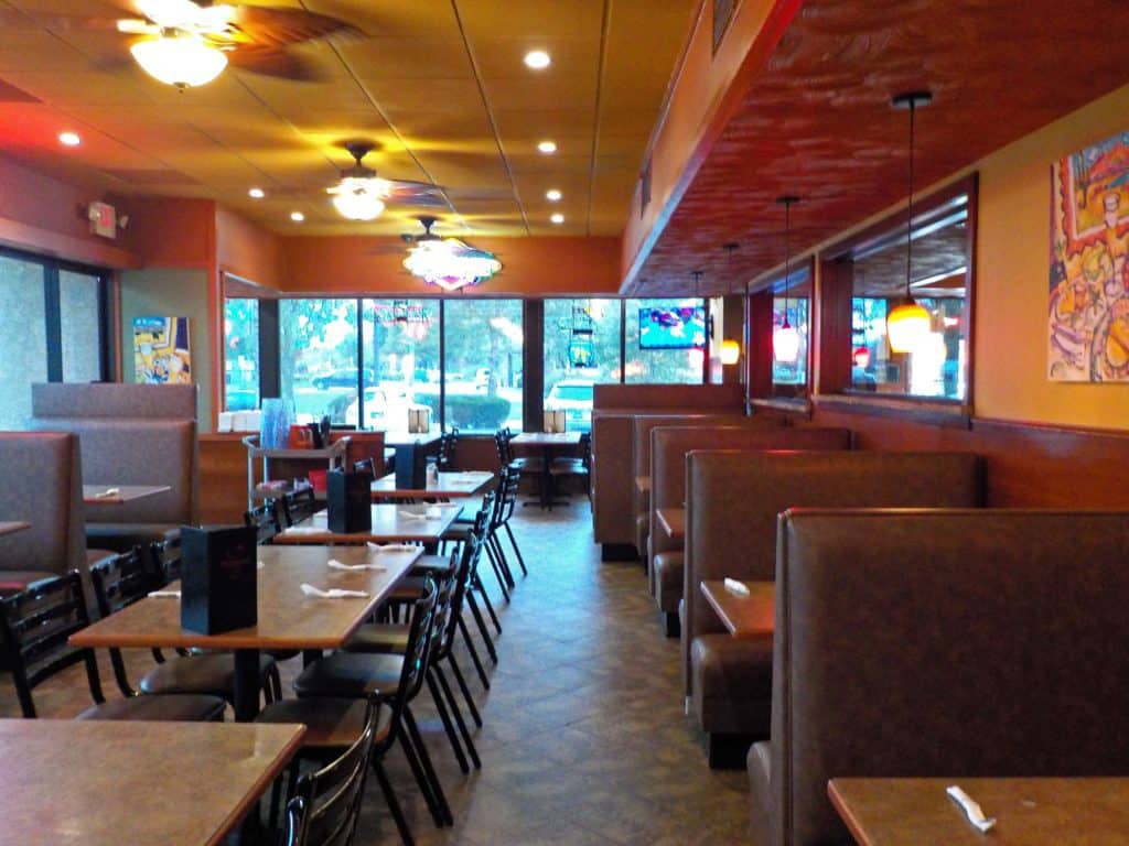 The restaurant interior has plentiful seating.