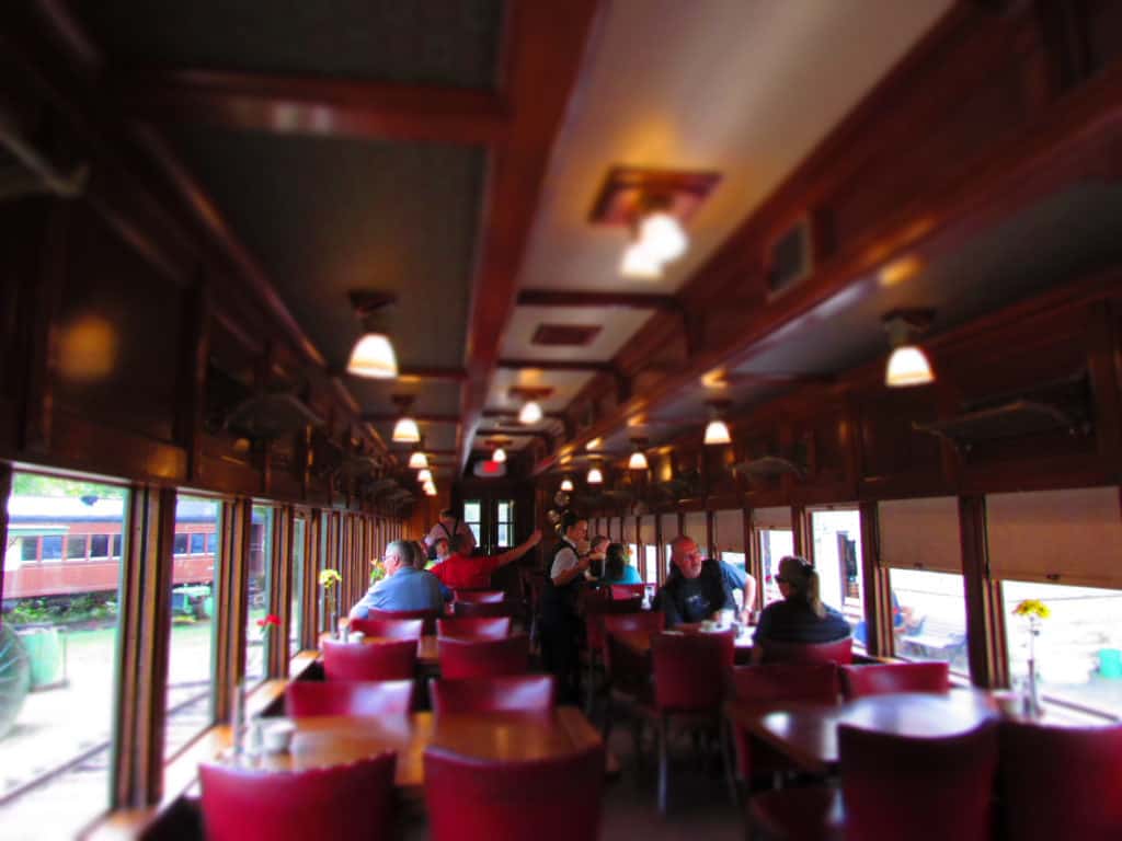 The interior of a 1920's dining car.