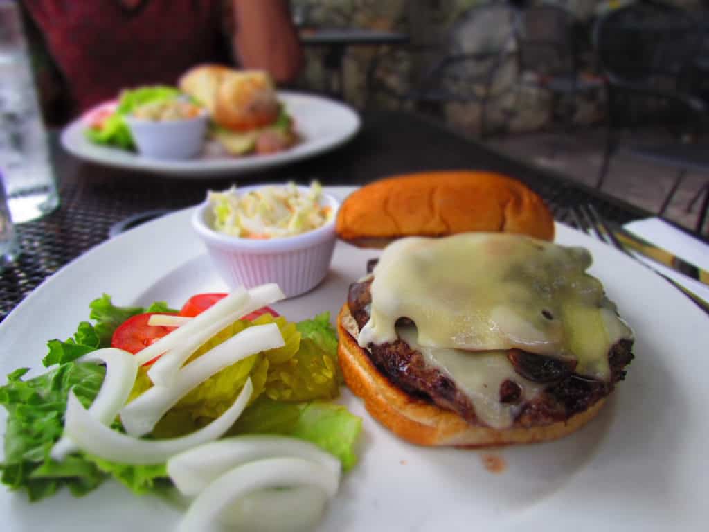 The mushroom Swiss burger is made with fresh ground beef.
