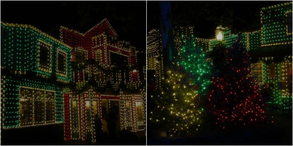 Buildings throughout Silver Dollar City are covered in strands of lights.