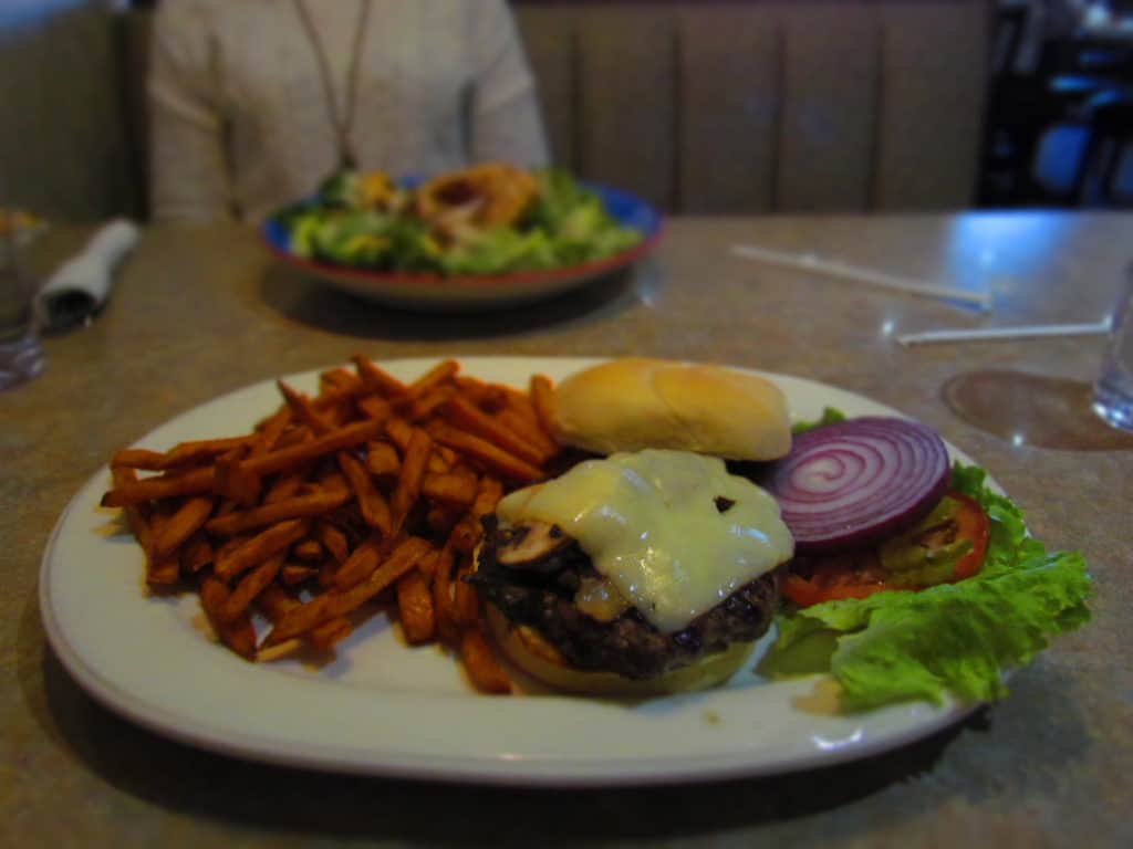 The Mushroom Burger at Pegah's Family Restaurant is accompanied by sweet potato fries. 