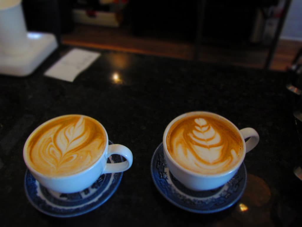 Beautifully decorated cups of latte are a great start to a day of shopping.