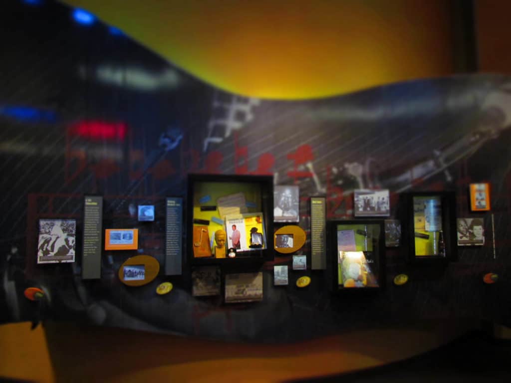 Various exhibits at the American Jazz Museum include historic artifacts.