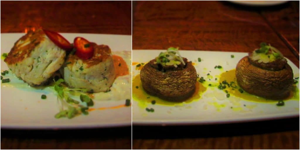 Appetizers on the menu include crab cakes and stuffed mushrooms.