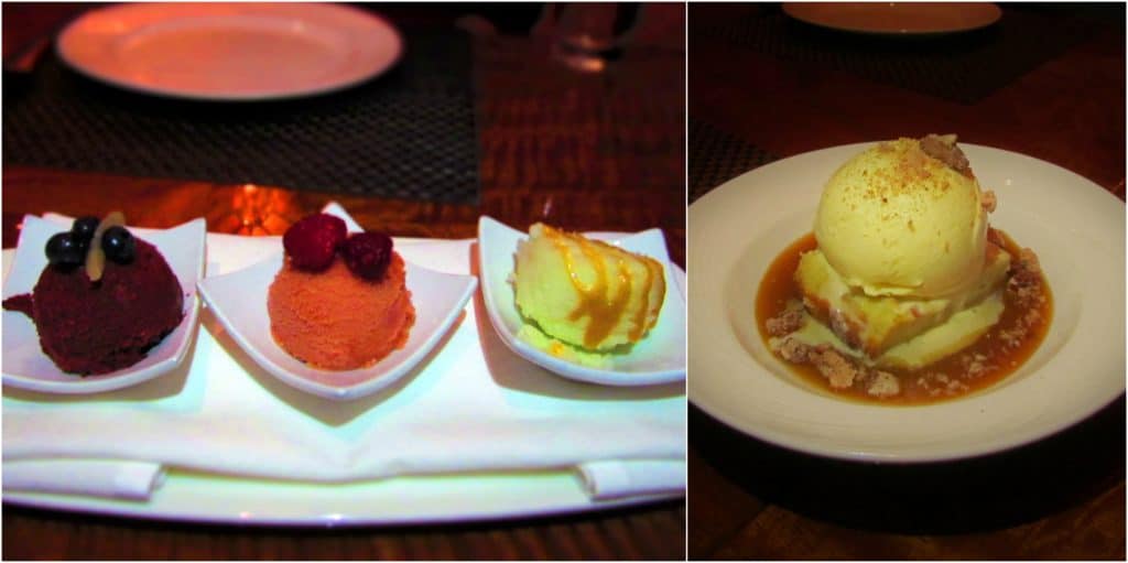 A trio of sorbets and bread pudding are two dessert options at Final Cut.