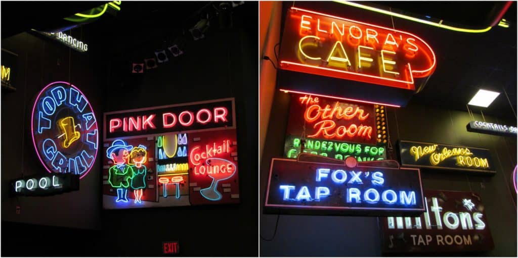 Neon signs from various historic jazz clubs offer bright, glowing displays.