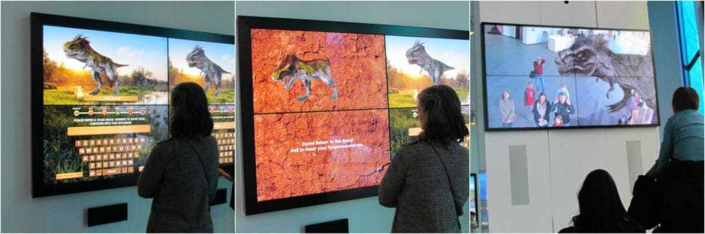 One of the authors designs their own dinosaur in a digital lab, and then sets it free in the virtual lobby.
