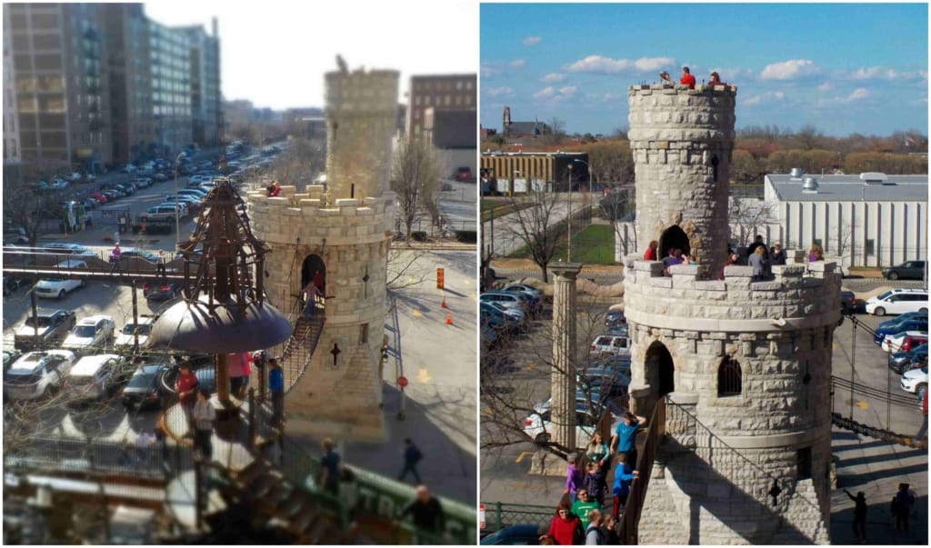 A repurposed castle turret invites visitors to explore its multiple levels. 