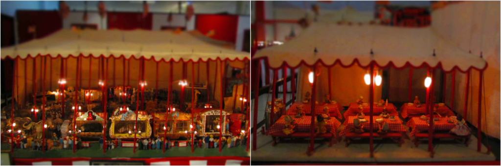 The circus display has a series of little "big tops" for visitors to examine.