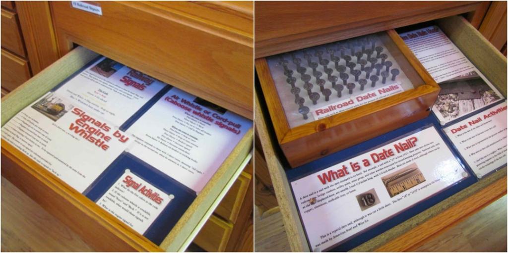 Drawers open to reveal information about railroads.
