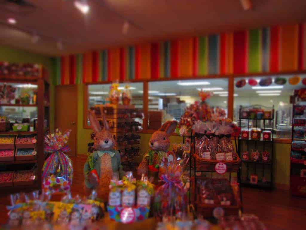 Bunnies keep watch over the candy display in the showroom.