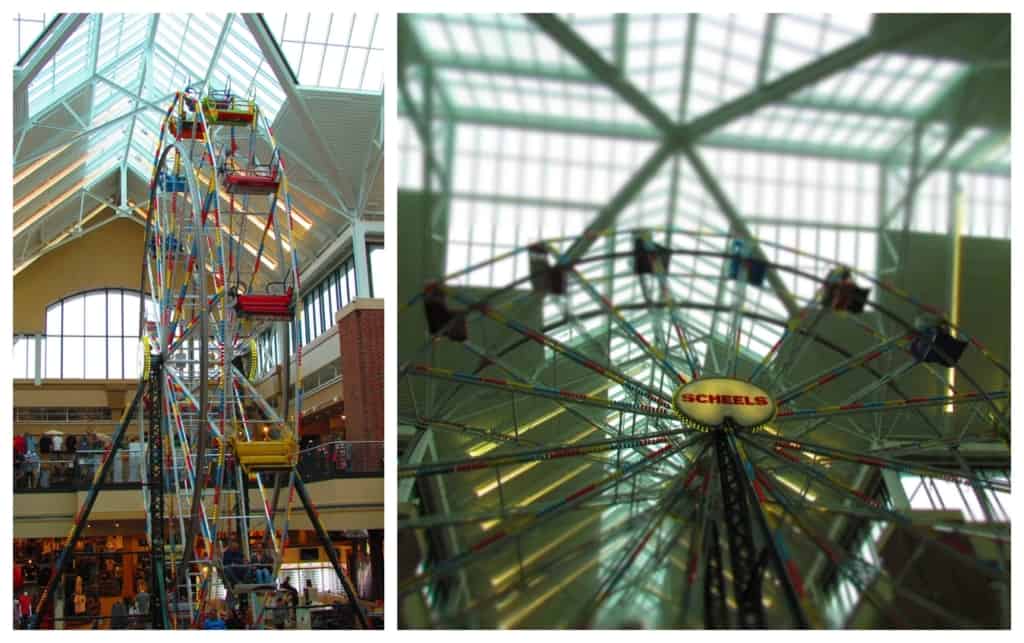 a sixty-five foot Ferris wheel holds center court in Scheels. 