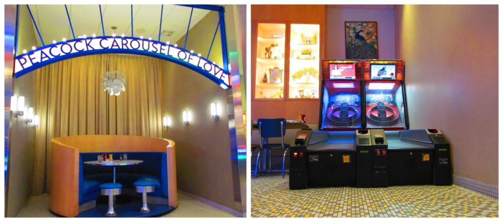 Special features at the Peacock Diner include skeeball machines and the Carousel of Love booth.