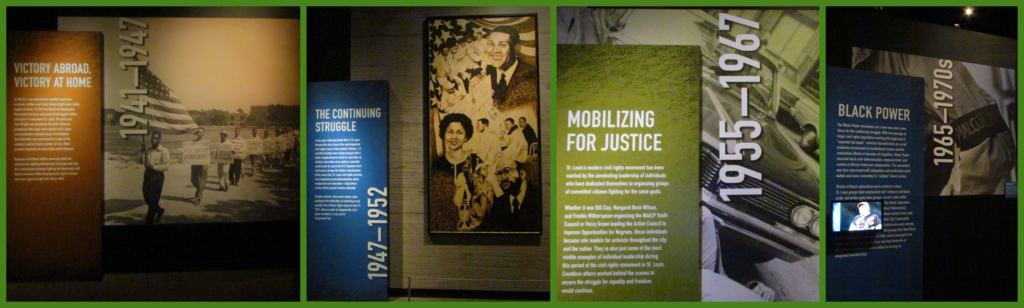 A timeline shows the progression of the struggle against segregation and discrimination in St. Louis.