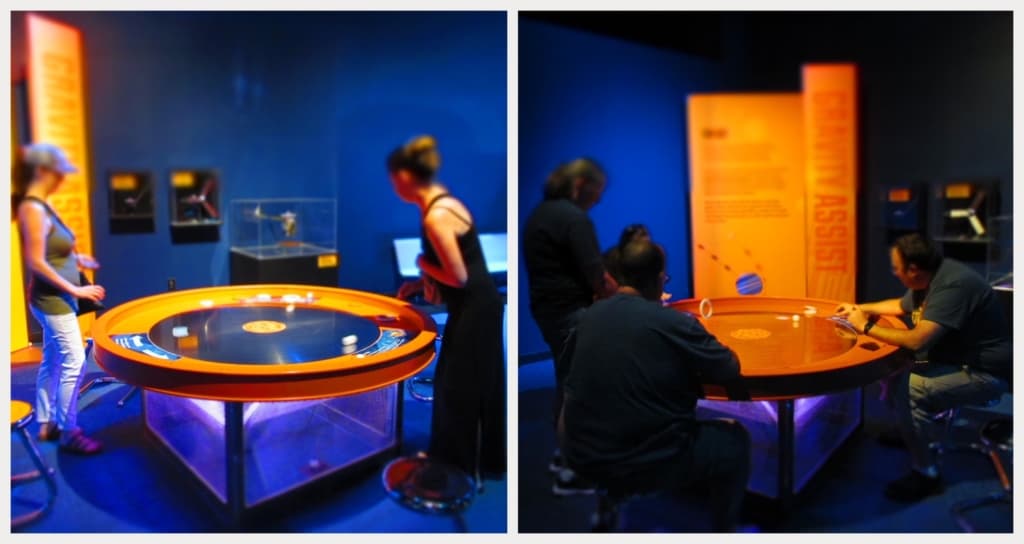 A spinning table is used to demonstrate how centrifugal force affects the travel of planets through the solar system. 