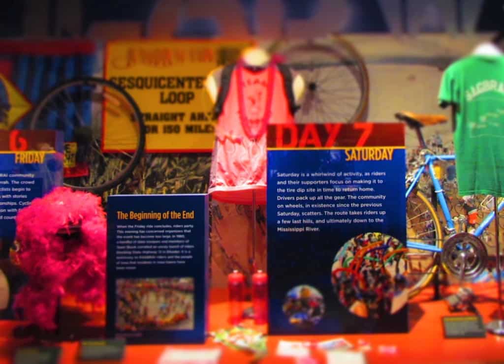 A display focusing on the annual seven-day bike ride across Iowa contains many artifacts and pieces of memorabilia. 