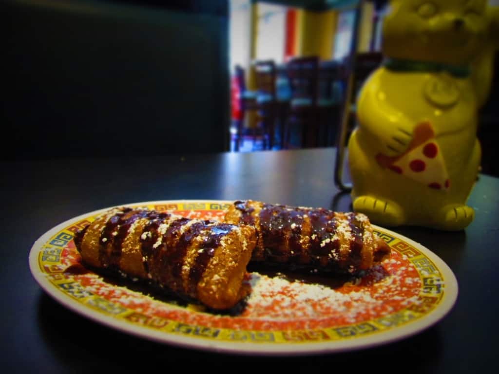 Raspberry Cream Cheese filled egg rolls is another unusual Treat at Fong's Pizza.
