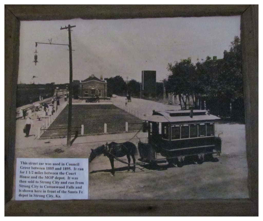 A picture shows an old streetcar that once ran the main street in Council Grove. 
