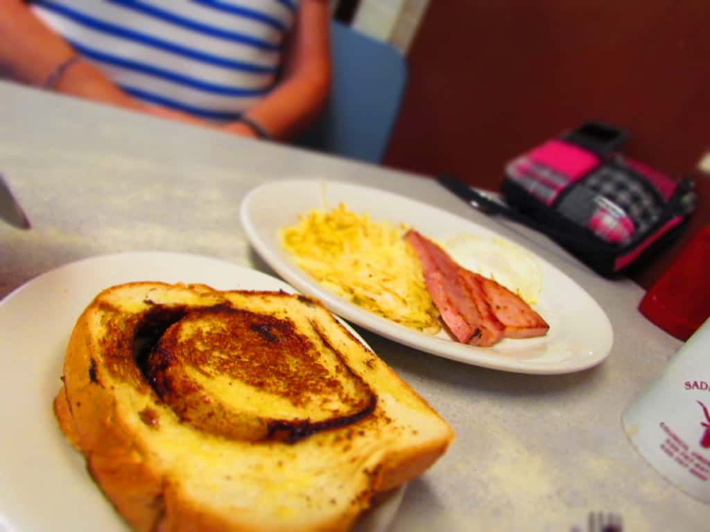 A standard breakfast is made special with flavored bread at Saddlerock Cafe in Council Grove, Kansas. 
