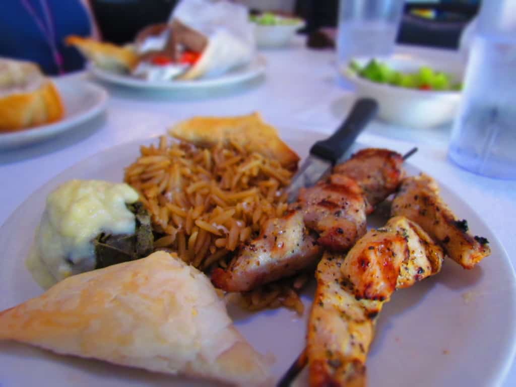The Shish Kabob plate is filled with delicious treats. 