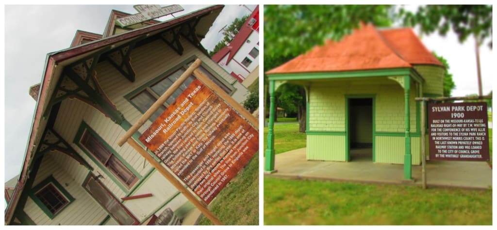 Two train depots can be found in a park in downtown Council Grove, Kansas.