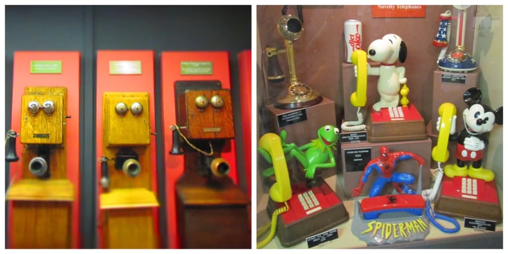 An assortment of old phones help teach the history of telephony.
