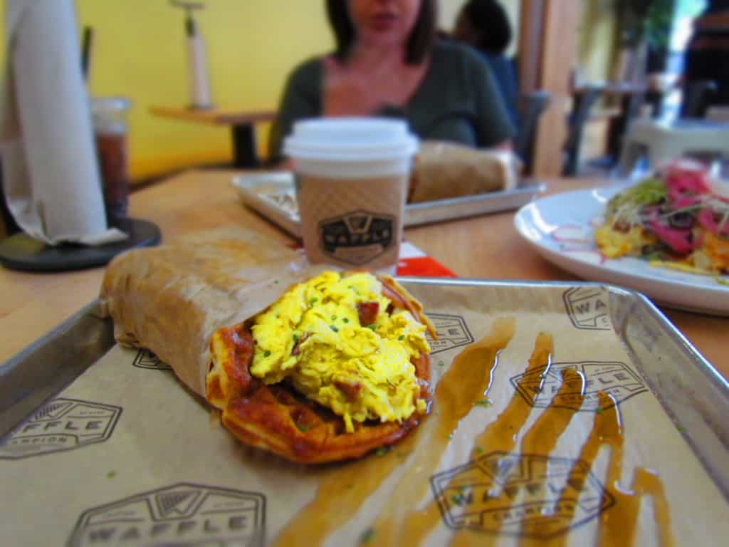 A Bacon, Egg, and Cheddar Waffle is a hearty and filling meal.