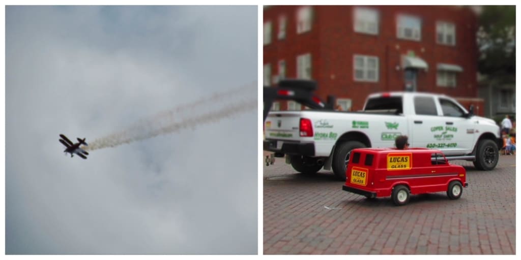 Airplanes and tiny cars are seen at the parade.