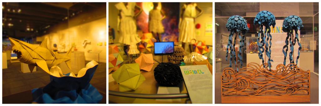 An assortment of origami pieces on display.