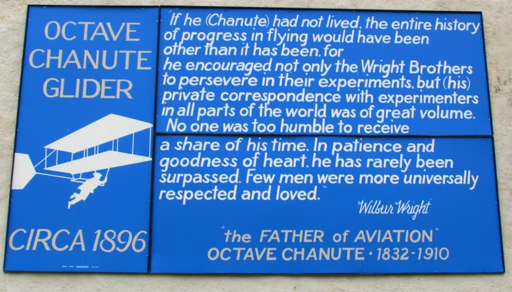 A plaque explains the important role that Chanute played in the development of air travel. 