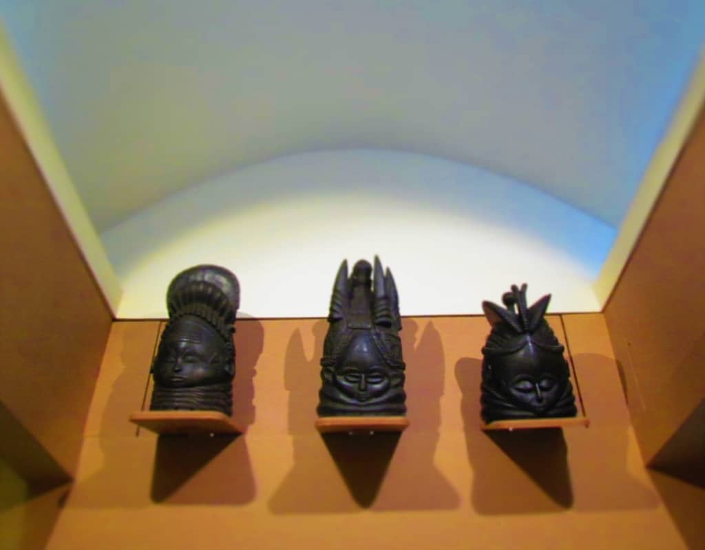 Three of the Mende masks on display in the safari museum.