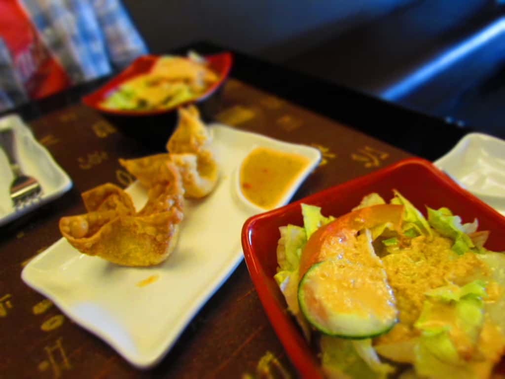 Salad and Crab Rangoon are served with the hibachi meals. 