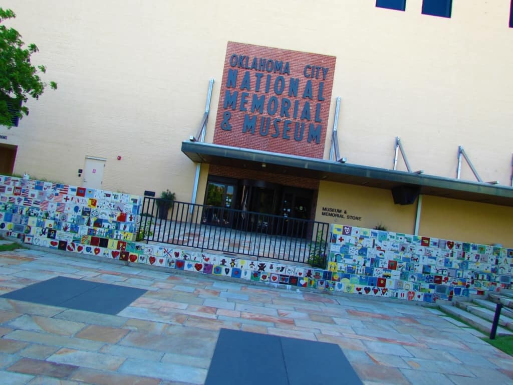 The entrance to the Oklahoma City Memorial and Museum is decorated with hand-painted tiles by children from around the United States.