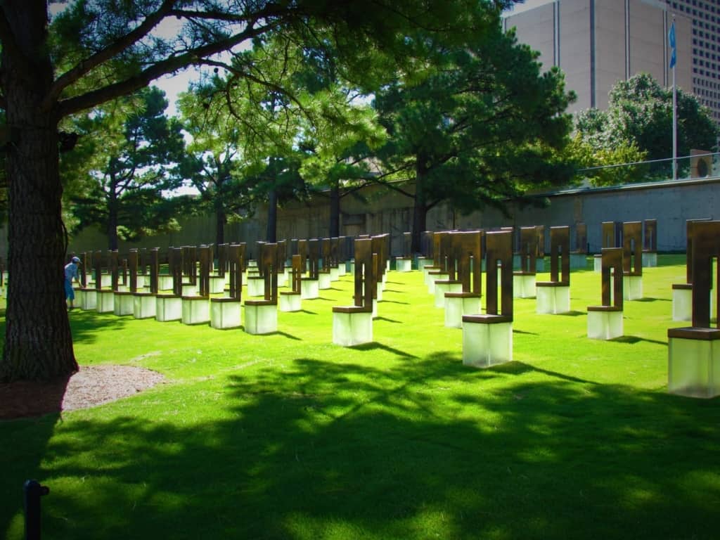 A memorial to the lives that were lost during the Oklahoma City bombing.