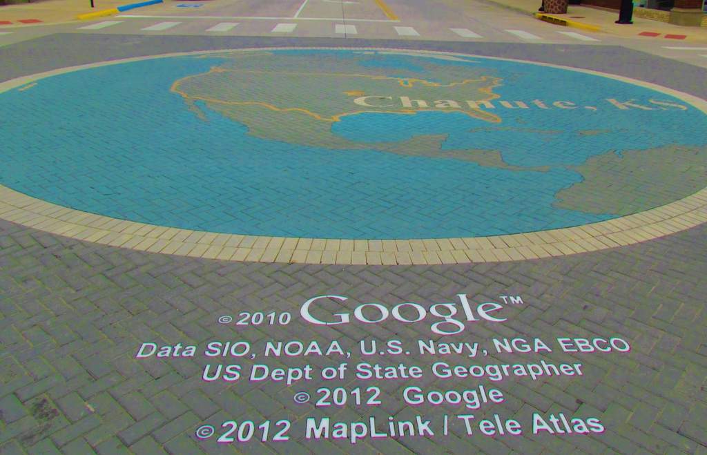 The center of Google earth is noted in the Main Street intersection in Chanute, Kansas.