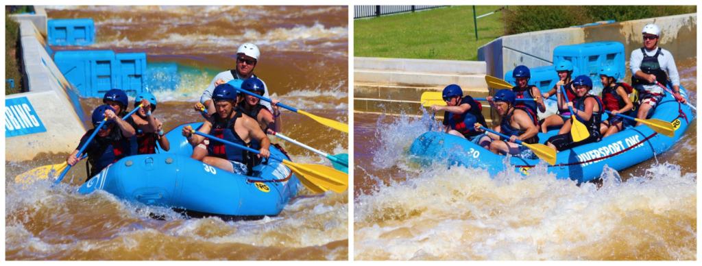 A raft full of guests paddle through the rapids at Riversport OKC. 
